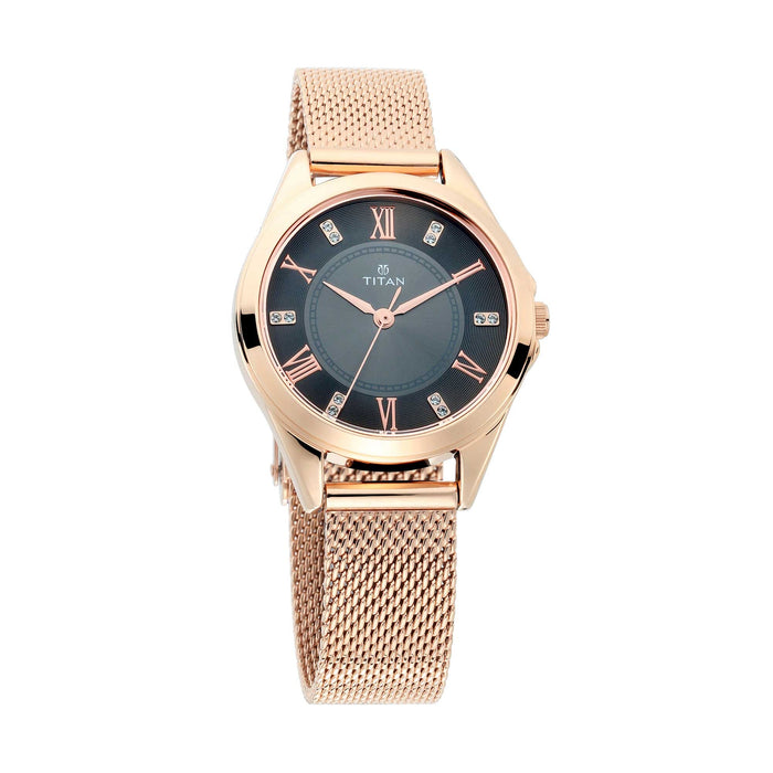 2565WM01 - Titan Sparkle Ladies, 50m Water Resistant, Charcoal Black Dial, Stainless Steel Mesh Strap, Golden