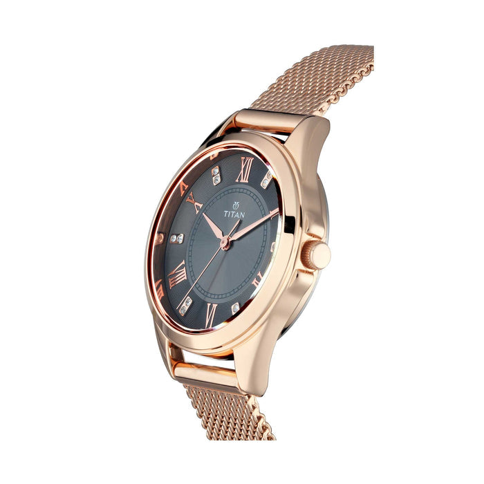2565WM01 - Titan Sparkle Ladies, 50m Water Resistant, Charcoal Black Dial, Stainless Steel Mesh Strap, Golden