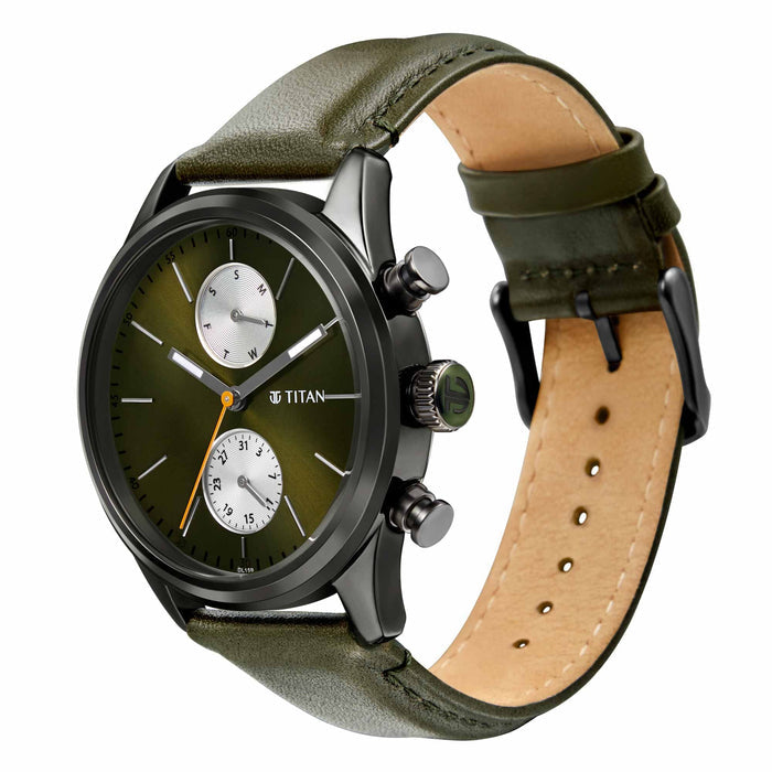 Elmnt Olive Green Dial Leather Strap Watch