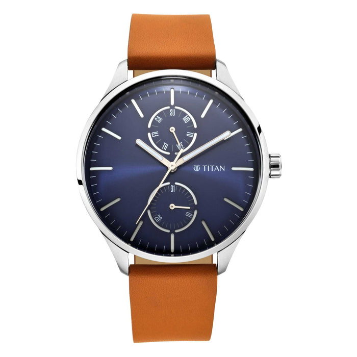 Evoke Blue Dial Tan Leather Strap Watch