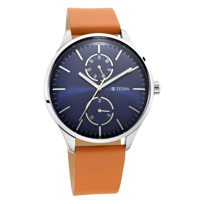 Evoke Blue Dial Tan Leather Strap Watch