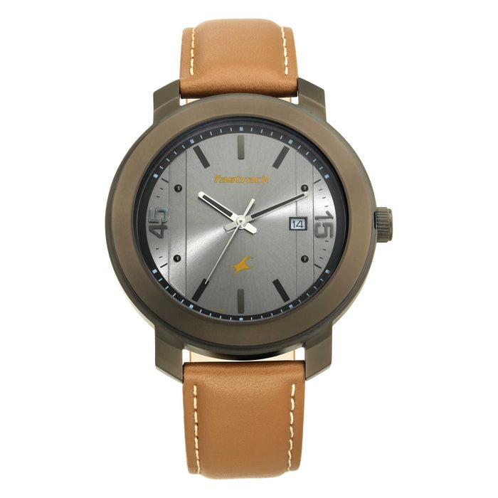 Fastrack Bare Basics Quartz Analog with Date Grey Dial Leather Strap Watch for Guys