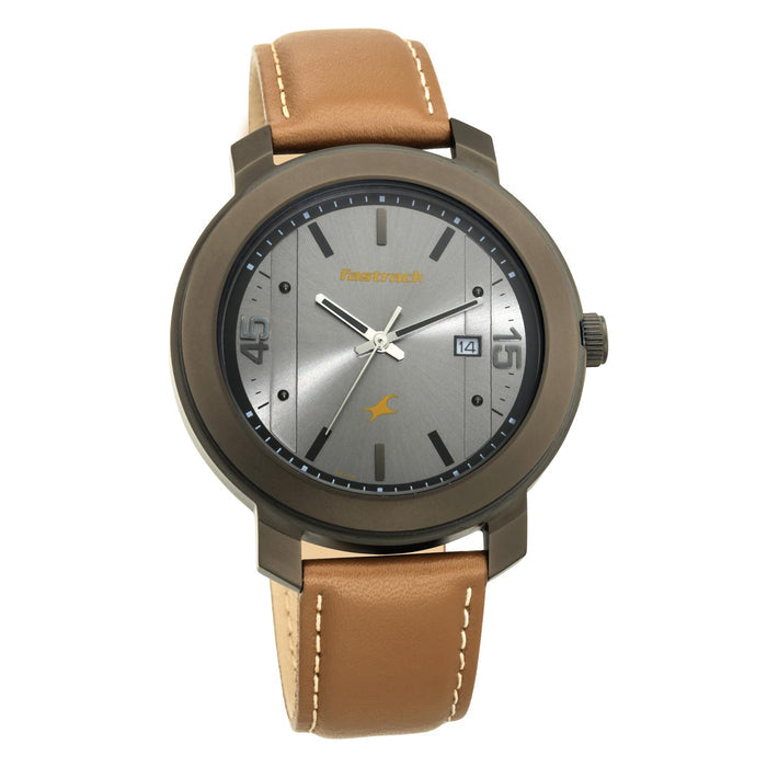 Fastrack Bare Basics Quartz Analog with Date Grey Dial Leather Strap Watch for Guys