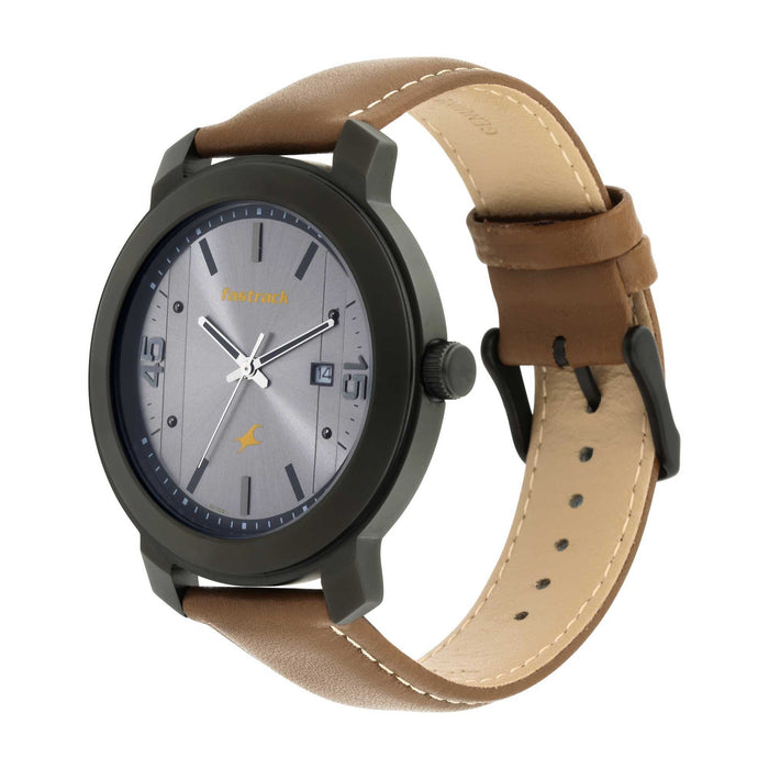Fastrack Bare Basics Quartz Analog with Date Grey Dial Leather Strap Watch for Guys