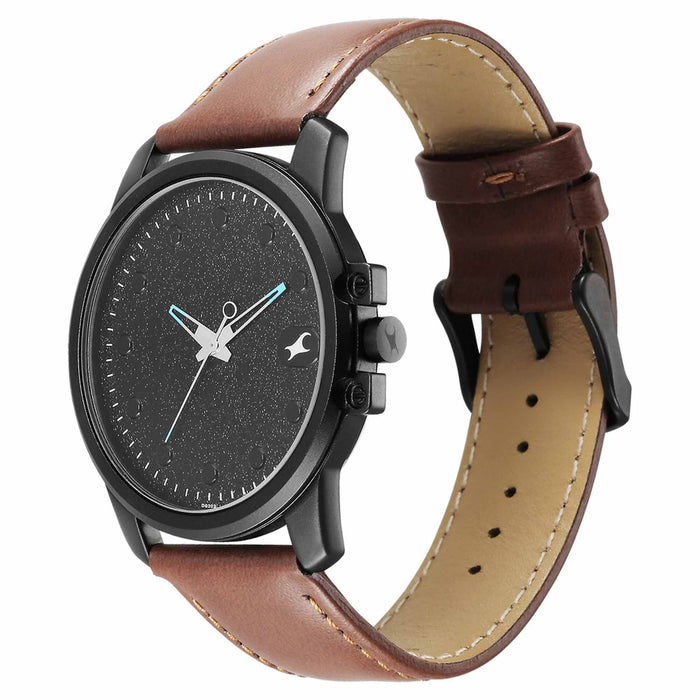 Fastrack Black Round Dial Brown Strap Watch For Gents