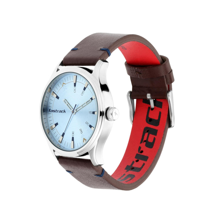 Fastrack I Love Me Quartz Analog Blue Dial Leather Strap Watch for Guys 3236SL02