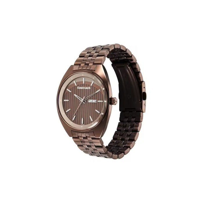 Fastrack Snob X Brown Dial Metal Strap Watch for Guys 3292QM02