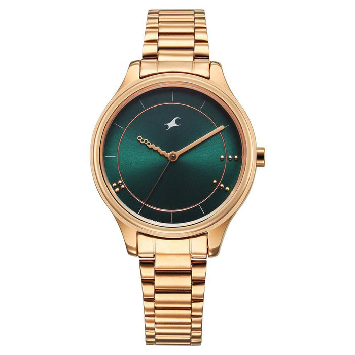 Fastrack Stunners Quartz Analog Green Dial Rose Gold Metal Strap Watch For Girls