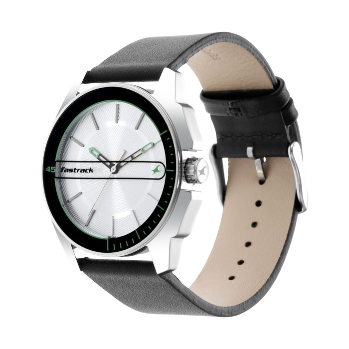 Fastrack Watch for Men, Quartz Movement, Analog Display, Black Leather Strap-NR3089SL15, Silver, strap