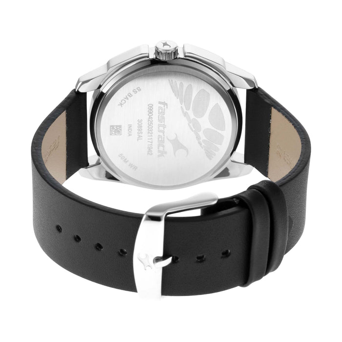 Fastrack Watch for Men, Quartz Movement, Analog Display, Black Leather Strap-NR3089SL15, Silver, strap