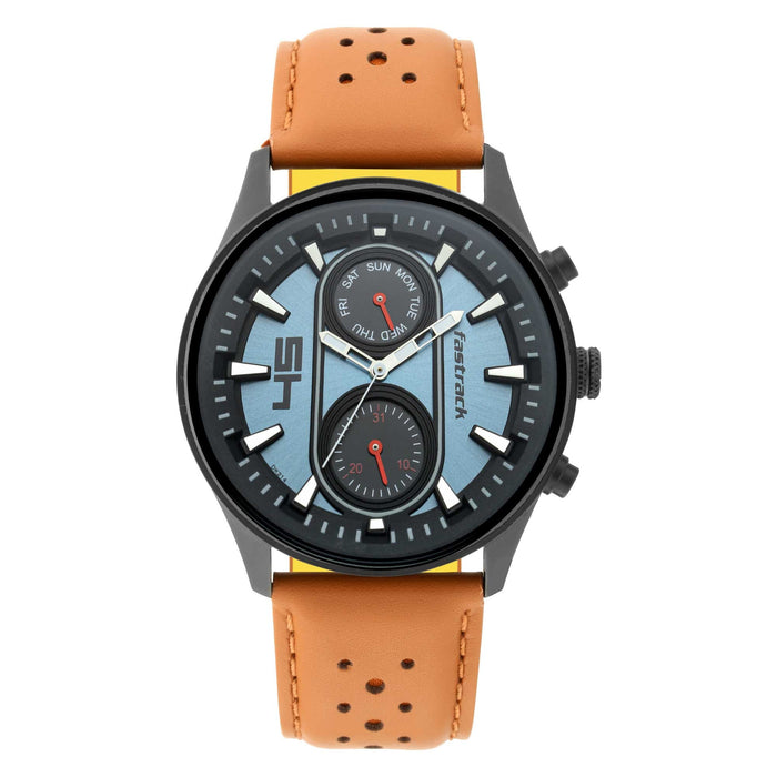 Fastrack Watch for Men, Quartz Movement, Analog Display, Brown Leather Strap-NR3224NL02, Dark Blue, strap