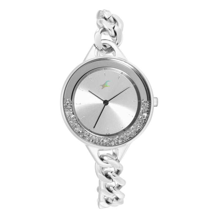 Fastrack Women Stainless Steel Glitch Analog Silver Dial Watch-68026Sm01/Nr68026Sm01, Band Color-Silver