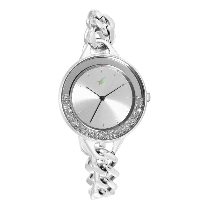 Fastrack Women Stainless Steel Glitch Analog Silver Dial Watch-68026Sm01/Nr68026Sm01, Band Color-Silver