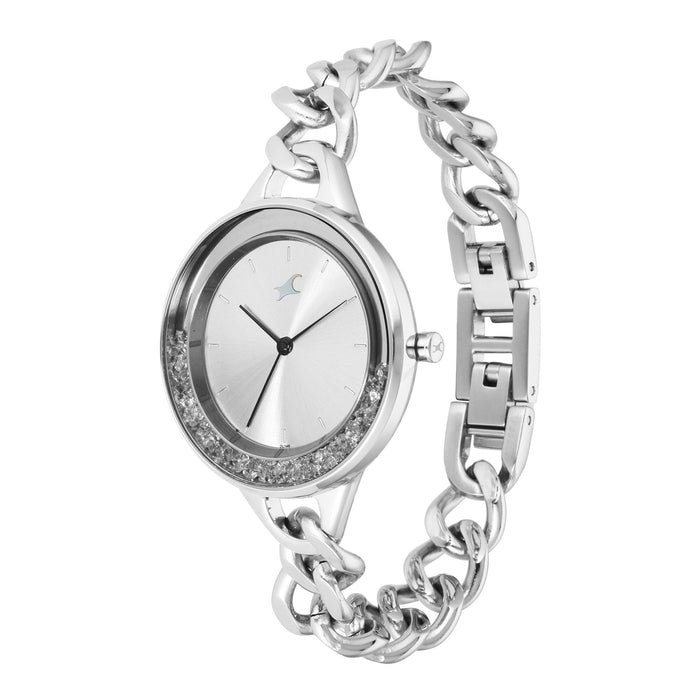 Fastrack Women Stainless Steel Glitch Analog Silver Dial Watch-68026Sm01/Nr68026Sm01, Band Color-Silver