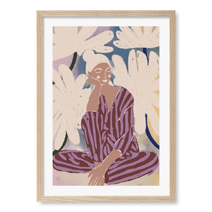 Peaceful Woman And Flowers Wall Art Print by Treechild A4 (21 x 29.7cm) / Natural Oak Frame / White Border from our Australian Made Framed Wall Art, Prints & Posters collection by Profile Australia