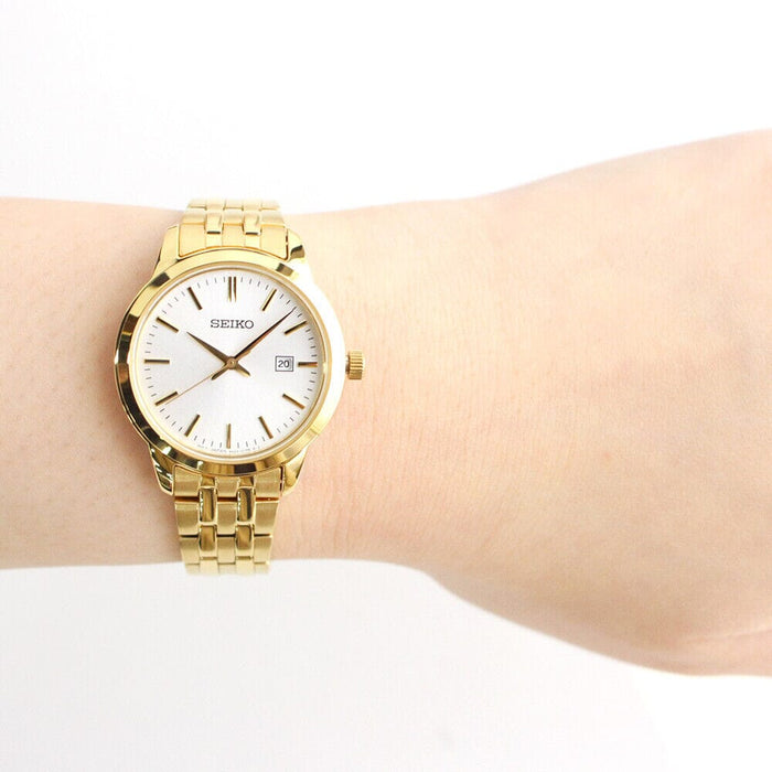 SEIKO Classic Quartz White Dial Yellow Gold-Tone Ladies Watch SUR412, Gold, Quartz Movement