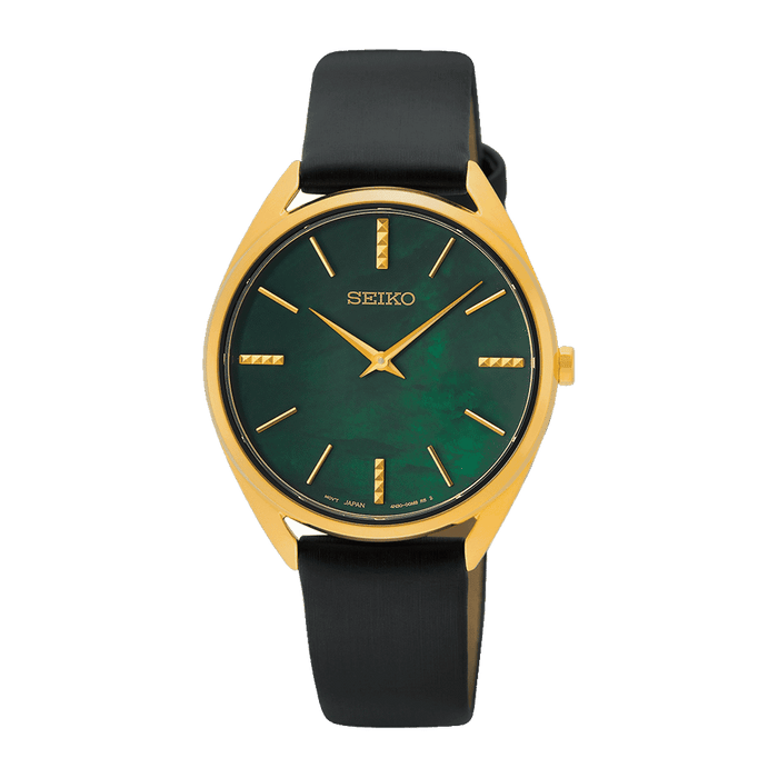 Seiko Women's Green Mother of Pearl Dial Black Leather Band Quartz Watch