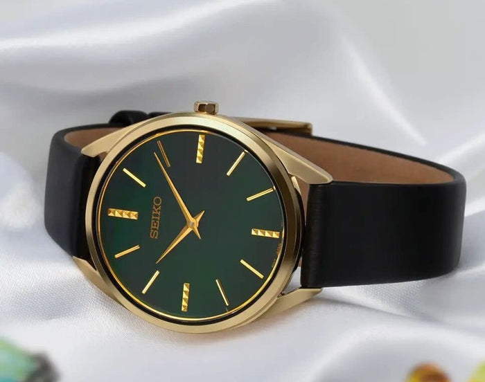 Seiko Women's Green Mother of Pearl Dial Black Leather Band Quartz Watch