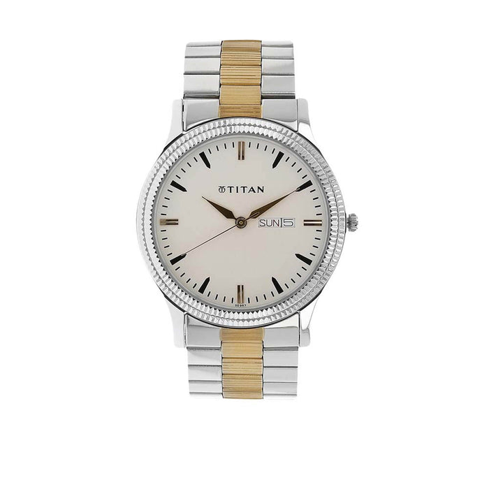 Titan 1650BM01 Two-Tone Stainless Steel Band Round Analog Watch for Men - Silver and Gold, bracelet