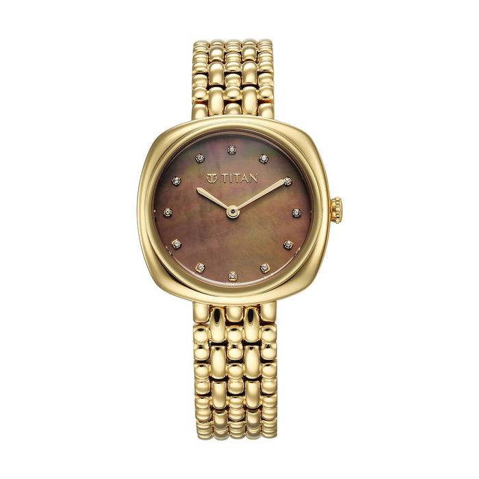 Titan Aura Quartz Analog Brown Mother of Pearl Dial Golden Stainless Steel Strap Watch for Women 95241YM01