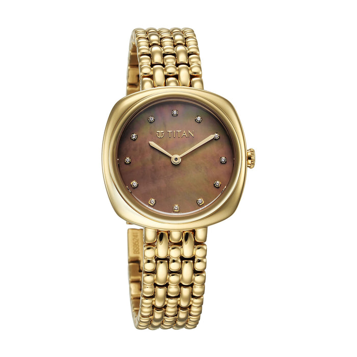 Titan Aura Quartz Analog Brown Mother of Pearl Dial Golden Stainless Steel Strap Watch for Women 95241YM01