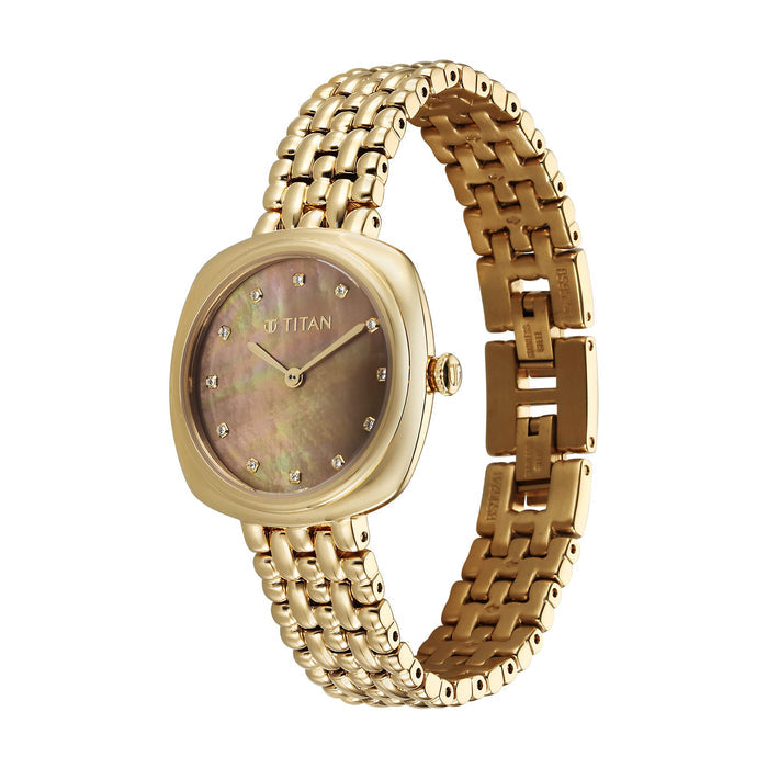 Titan Aura Quartz Analog Brown Mother of Pearl Dial Golden Stainless Steel Strap Watch for Women 95241YM01