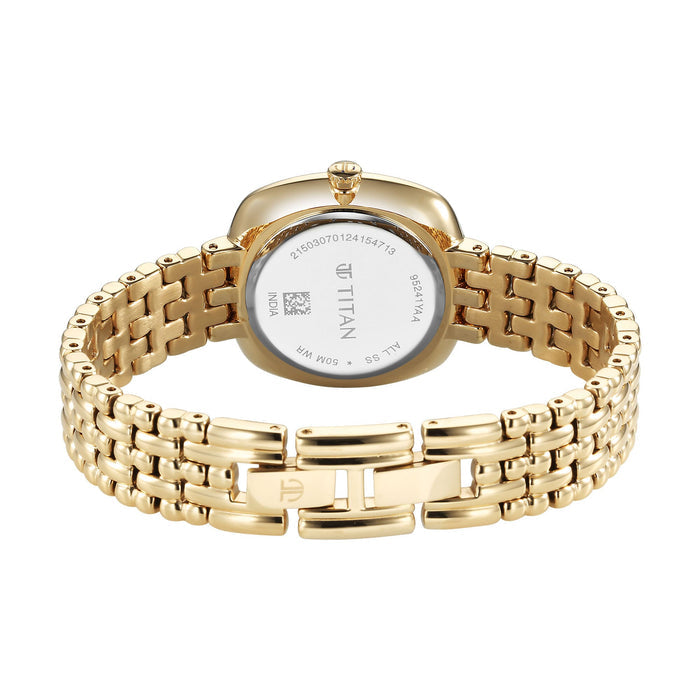 Titan Aura Quartz Analog Brown Mother of Pearl Dial Golden Stainless Steel Strap Watch for Women 95241YM01