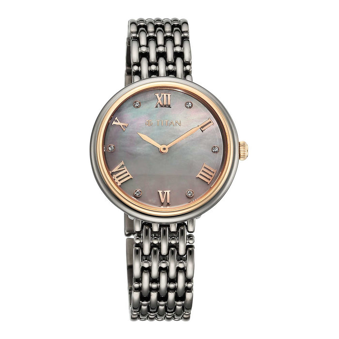 Titan Aura Quartz Analog Titanium Mother of Pearl Dial Titanium Stainless Steel Strap Watch for Women 95243KM01