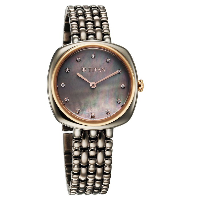 Titan Aura Quartz Analog Titanium Mother of Pearl Dial Titanium Stainless Steel Strap Watch for Women 95241KM02