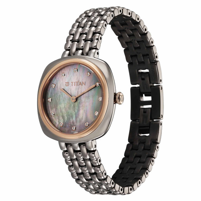 Titan Aura Quartz Analog Titanium Mother of Pearl Dial Titanium Stainless Steel Strap Watch for Women 95241KM02