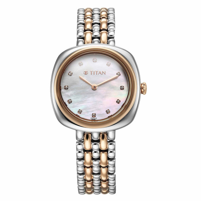 Titan Aura Quartz Analog White Mother Of Pearl Dial Rose Gold and Silver Stainless Steel Strap Watch for Women 95241KM01
