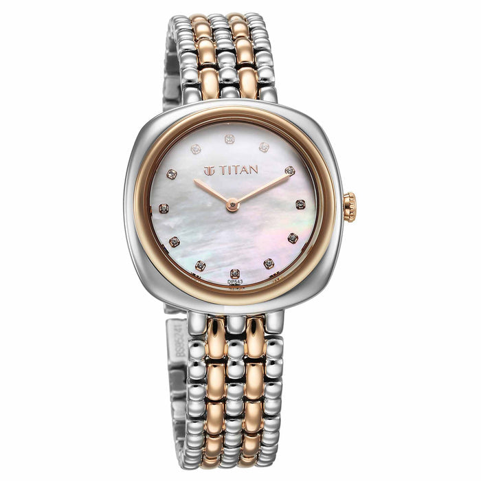 Titan Aura Quartz Analog White Mother Of Pearl Dial Rose Gold and Silver Stainless Steel Strap Watch for Women 95241KM01