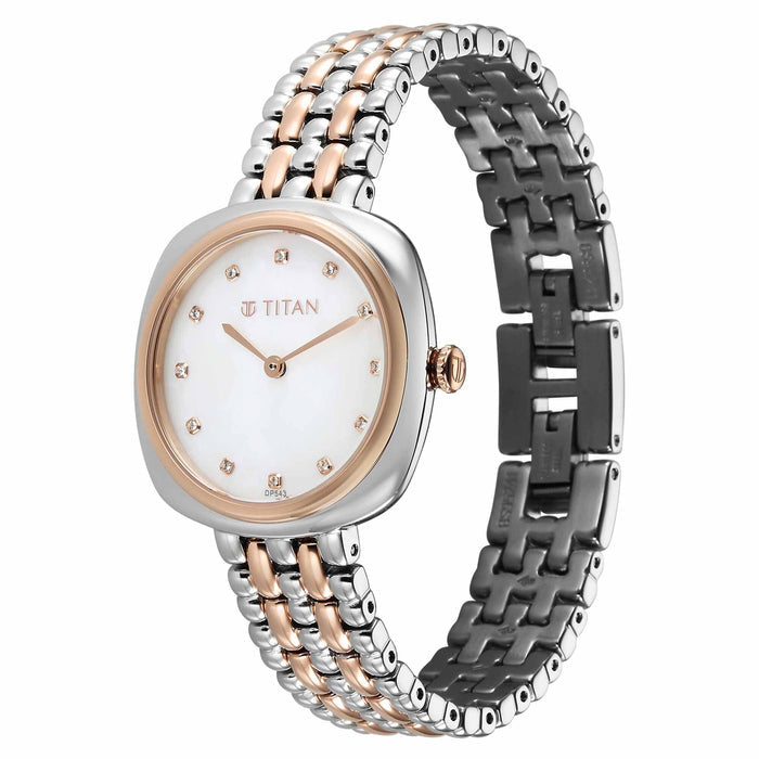 Titan Aura Quartz Analog White Mother Of Pearl Dial Rose Gold and Silver Stainless Steel Strap Watch for Women 95241KM01