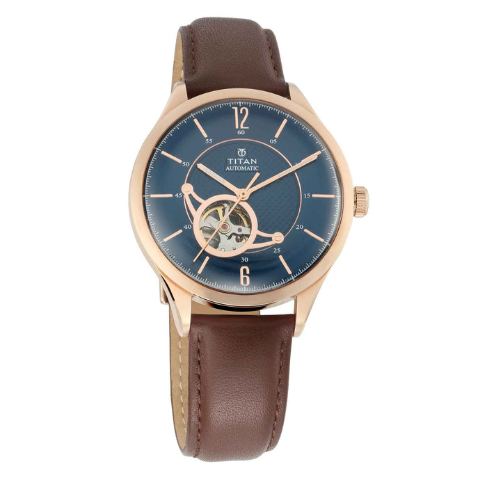 Titan Blue Dial Automatic Watch with Leather Strap 90111WL01