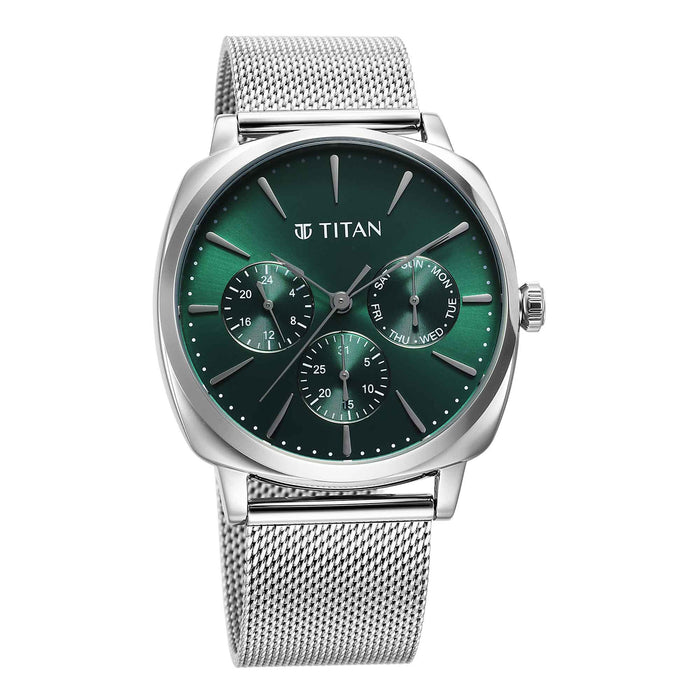 Titan Classique Suave Quartz Green Dial Silver Stainless Steel Mesh Strap Watch for Men 90189SM01