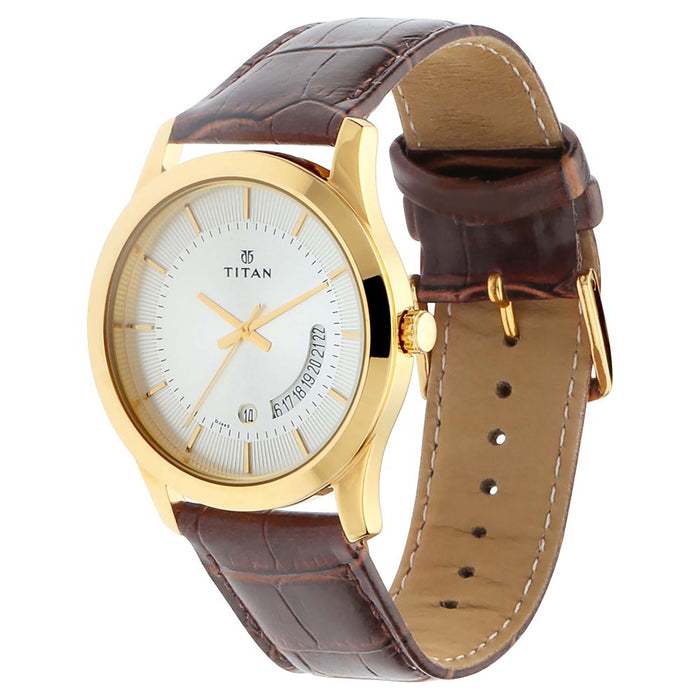 Titan Gents Karishma Analog Silver Dial Men's Watch-NN1823YL01/NR1823YL01 Genuine Leather, Brown Strap