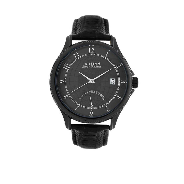 Titan Globe Trotter Black Dial Analog Dual Time Watch for Men 1704NL01