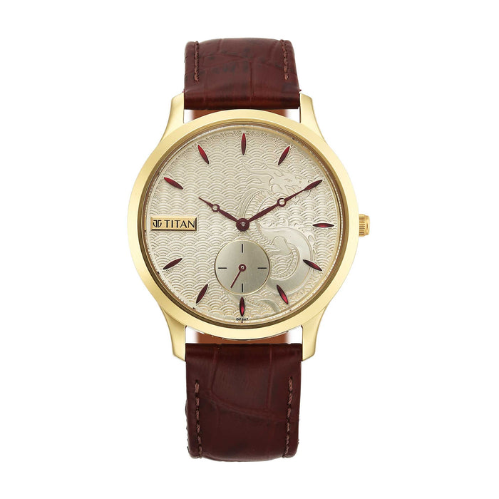 Titan Gold Dial Leather Strap Watch for Men 1825YL07