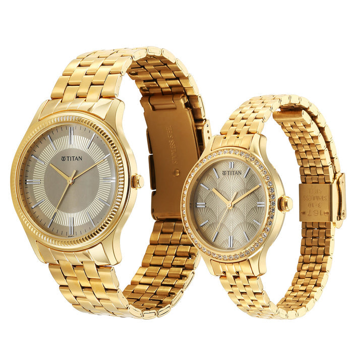 Titan Karishma Bandhan Champagne Dial Analog Stainless Steel Strap watch for Couple 18242712YM01