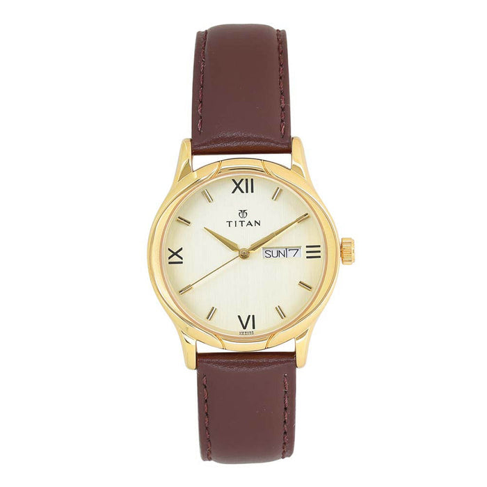 Titan Karishma Men's Champagne Dial Leather Band Watch - T1580YL05