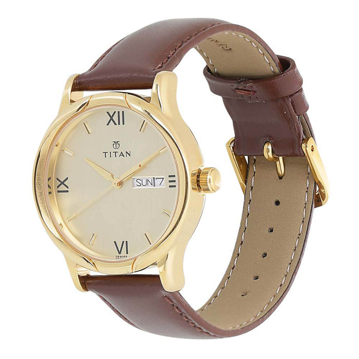 Titan Karishma Men's Champagne Dial Leather Band Watch - T1580YL05