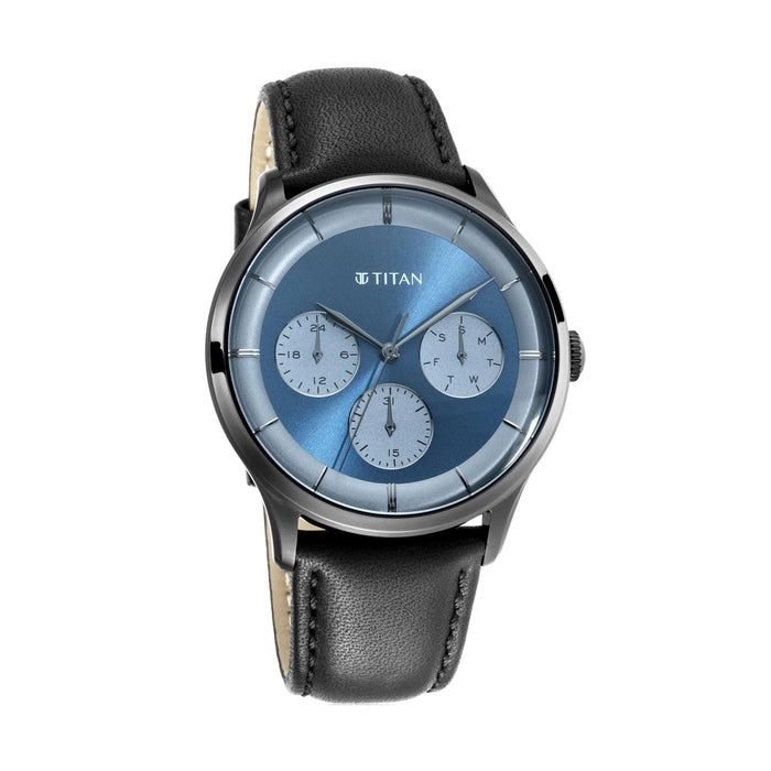 Titan Light Leathers Blue Quartz Multifunction Leather Strap watch for Men