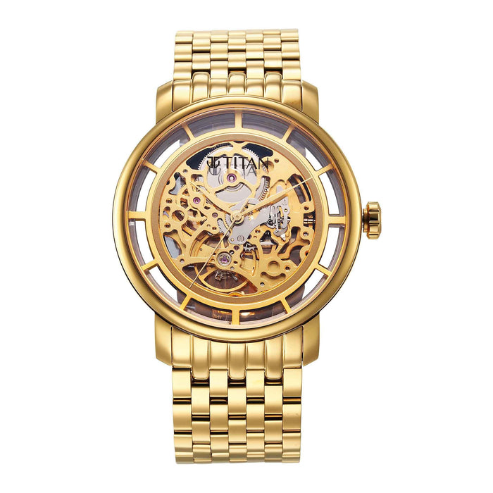 Titan Mechanical Slimline Golden Dial Watch for Men 90158YM01
