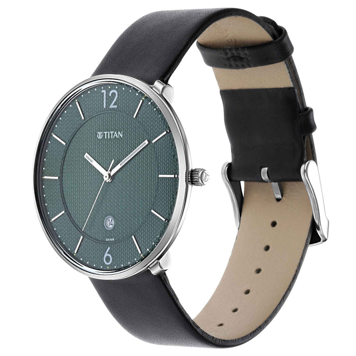 Titan Men Leather Analog Green Dial Watch-1849Sl02/Nr1849Sl02, Band Color-Black