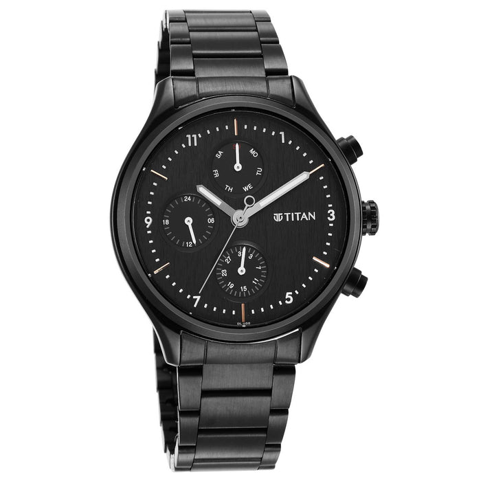 Titan Mens 42 mm Neo VI Phase II Black Dial Stainless Steel Analog Watch - 1803NM01, Black