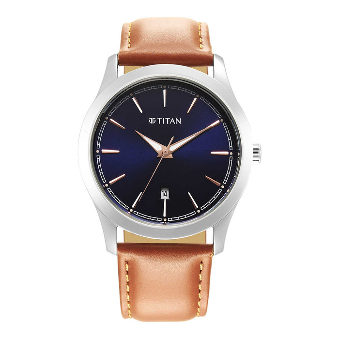 Titan Mens Blue Dial Leather Strap Watch