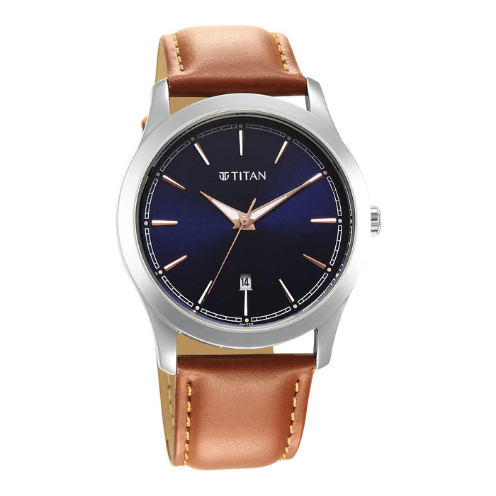 Titan Mens Blue Dial Leather Strap Watch