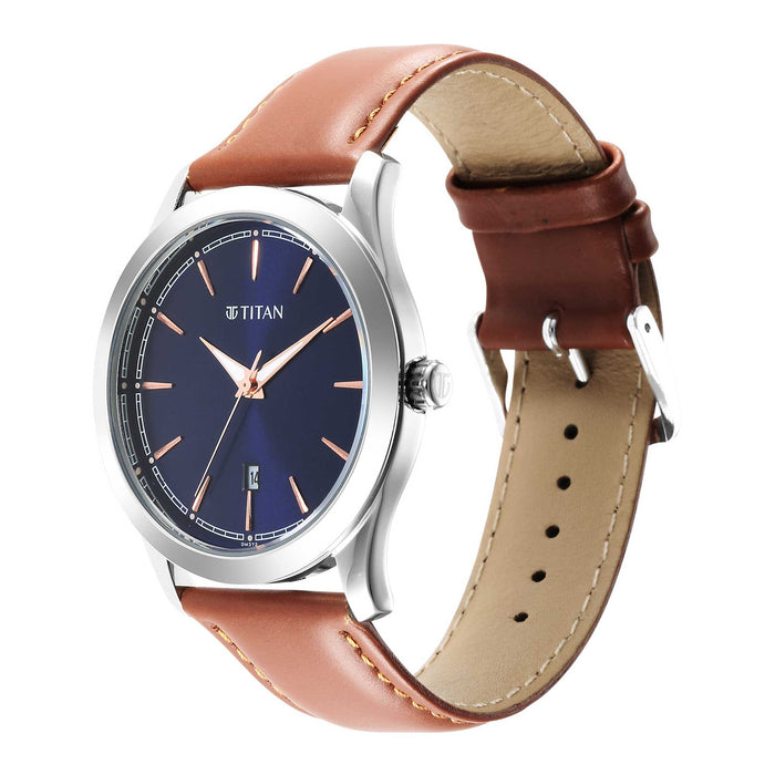 Titan Mens Blue Dial Leather Strap Watch