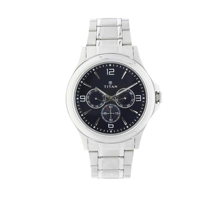 Titan Men's Contemporary Chronograph/Multi Function Work Wear,Quartz,Analog, Water Resistant Wrist Watch, Blue/Silver, bracelet