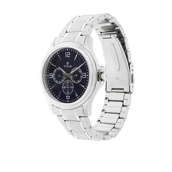 Titan Men's Contemporary Chronograph/Multi Function Work Wear,Quartz,Analog, Water Resistant Wrist Watch, Blue/Silver, bracelet